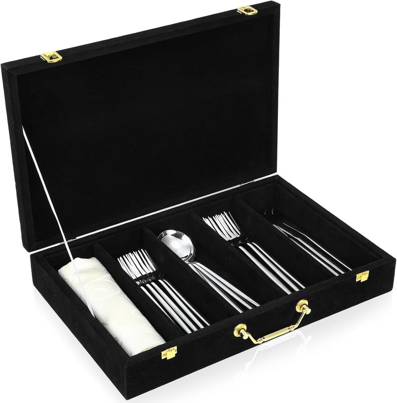 Pickmesh Silverware Case with Lid and Handle, Silverware Storage Box Sterling Silver Flatware Chest Without Silver Tarnish Proof Utensils Organizer for Kitchen Decor Wedding Gifts(Black,1 Layer) - Image 1